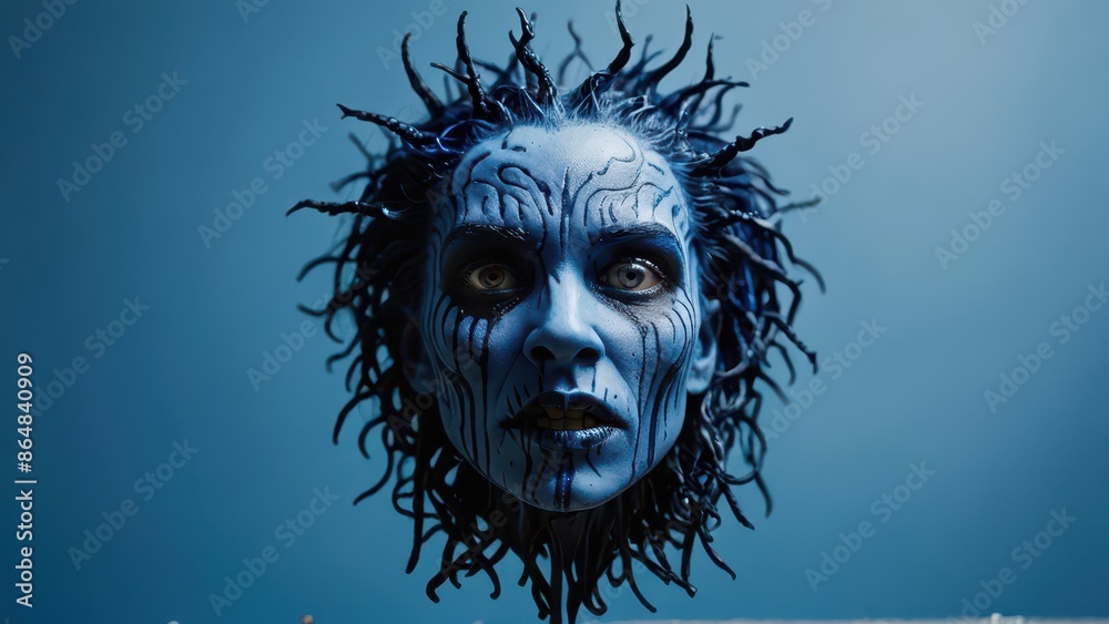 Obraz premium Blue Demon Face with Spiky Hair.