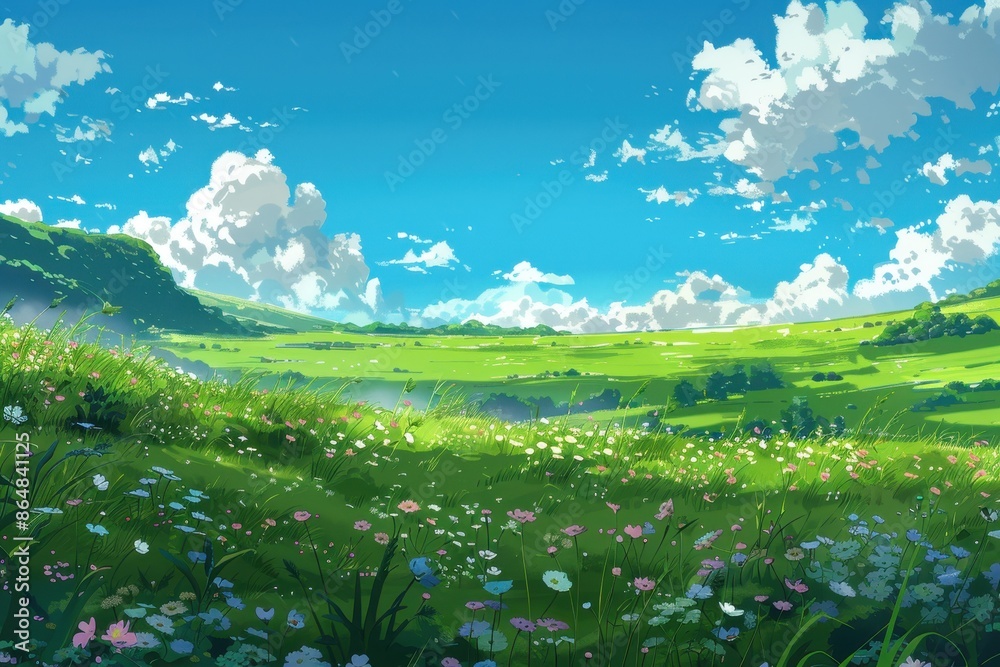 Fototapeta premium Beautiful digital painting of a lush green meadow with wildflowers, blue sky and white clouds. Peaceful nature landscape art.