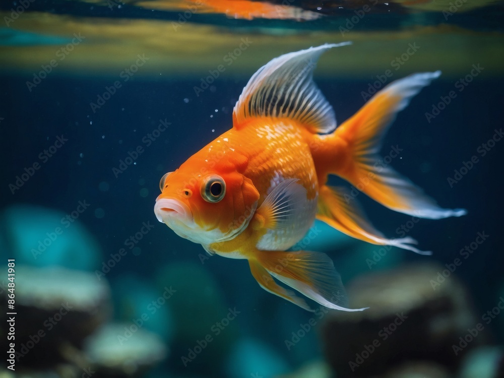 Aquarium close-up, Oranda goldfish swimming gracefully Aquarium close-up, Oranda goldfish swimming gracefully