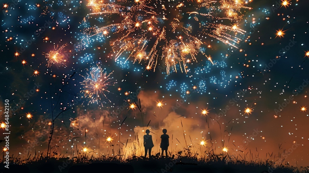 UHD 4K High-Quality Image of Fireworks in the Night Sky, Featuring Silhouettes of Two People UHD 4K High-Quality Image of Fireworks in the Night Sky, Featuring Silhouettes of Two People
