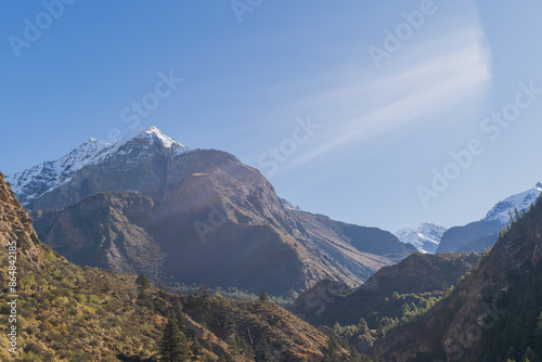 Beautiful cloudy blue sky landscape of Transhimalaya. A stunning mountainscape of Nepal photo