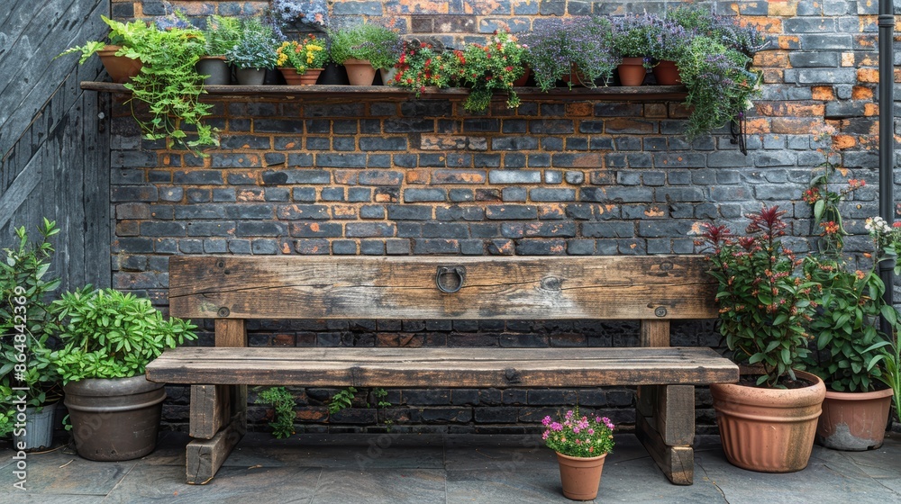 A brick wall with a rustic wooden bench and potted plants beside it. A brick wall with a rustic wooden bench and potted plants beside it.