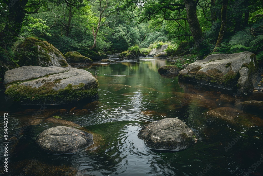 A tranquil river flows through the lush green forest of Gpile National Park in Cornwall, with large rocks and boulders creating ripples on its surface. The water reflects the surrounding trees and fol A tranquil river flows through the lush green forest of Gpile National Park in Cornwall, with large rocks and boulders creating ripples on its surface. The water reflects the surrounding trees and fol