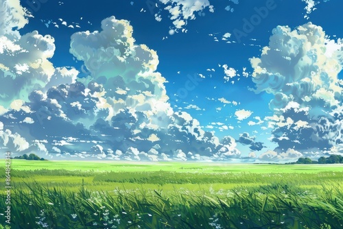 Beautiful, Lush Green Field and Blue Sky With White Clouds, Perfect for Desktop Background or Wallpaper.