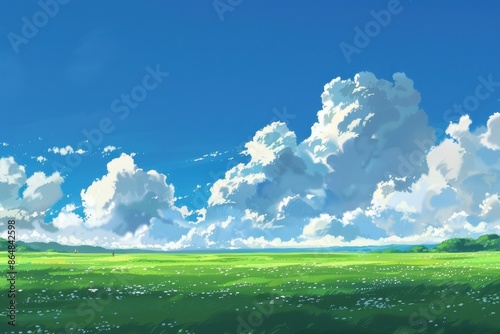 Beautiful nature scene with green grass field and blue sky full of fluffy white clouds. Landscape background for posters, prints, and artwork