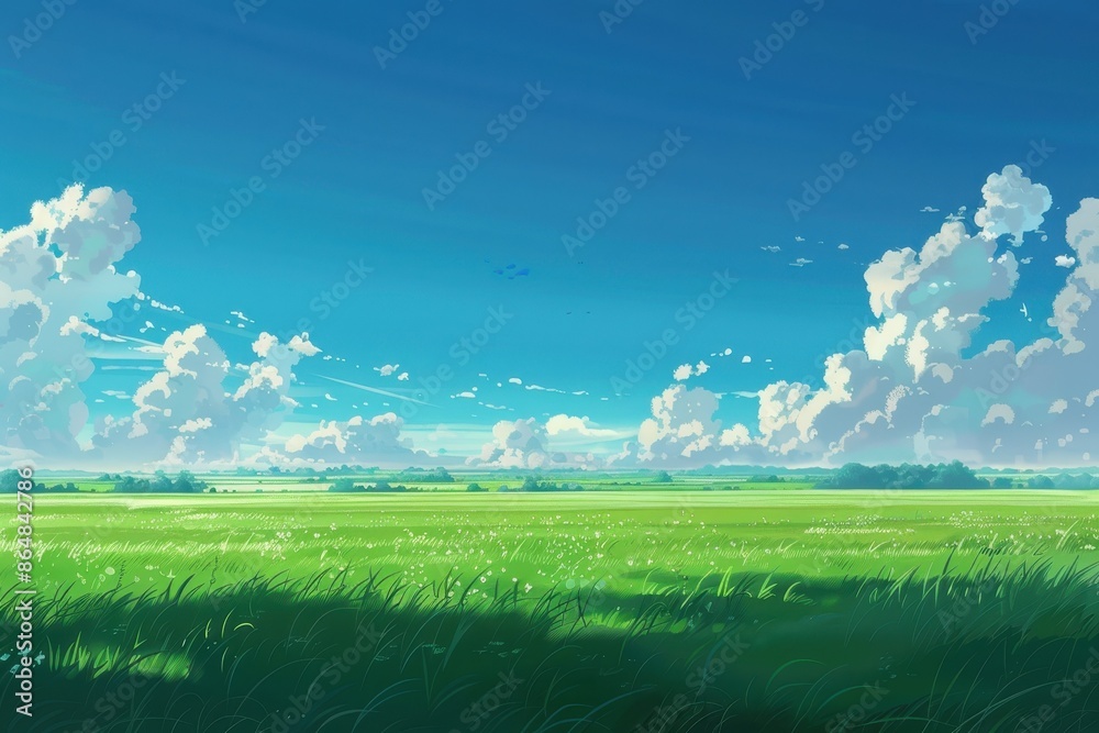 Obraz premium Beautiful digital painting of a lush green field with fluffy white clouds in a blue sky. Summer landscape background with grass and sky.