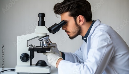 An engaged male scientist in a lab coat is working intently with a microscope in a laboratory setting
