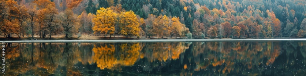 © Da - Reflection on the lake surface: The calm lake surface reflects an autumn scenery. The lake water is crystal clear and the reflection is clearly visible. Natural seasonal changes, generated by AI, high © Da - Reflection on the lake surface: The calm lake surface reflects an autumn scenery. The lake water is crystal clear and the reflection is clearly visible. Natural seasonal changes, generated by AI, high