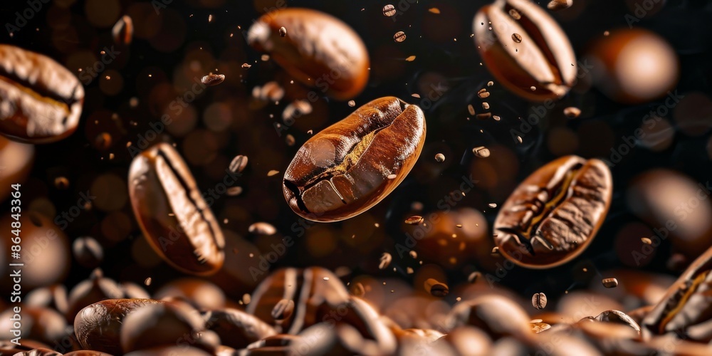 Detailed close-up view of coffee beans falling on a dark surface in UHD 4K with sharp focus Detailed close-up view of coffee beans falling on a dark surface in UHD 4K with sharp focus