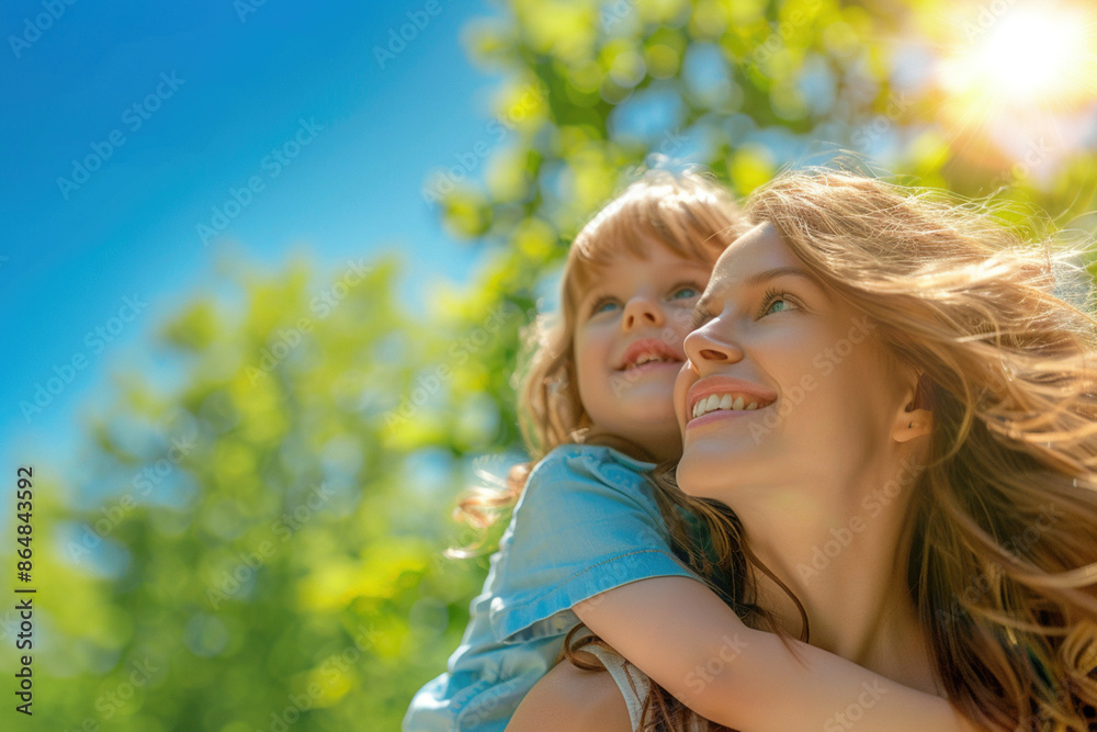 Fototapeta premium Mother and daughter enjoying a sunny day outdoors hugging piggyback. Single family bonding, love, and happiness concept. Parenting and childhood connection, family time