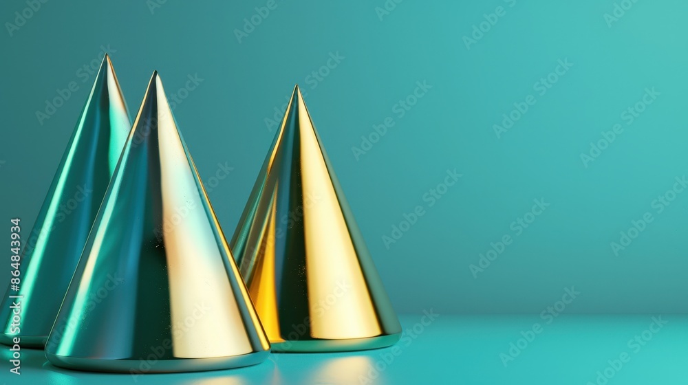 Three metallic cones in gold and teal against a smooth gradient background. Suitable for banner, card or advert backdrop. Three metallic cones in gold and teal against a smooth gradient background. Suitable for banner, card or advert backdrop.