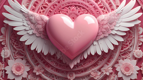 Beautiful and perfect pink heart, detailed, digital illustration, real, 3D, pink heart and subtle details, on each side of the heart there are white wings with pink and large details, bright mandala s photo