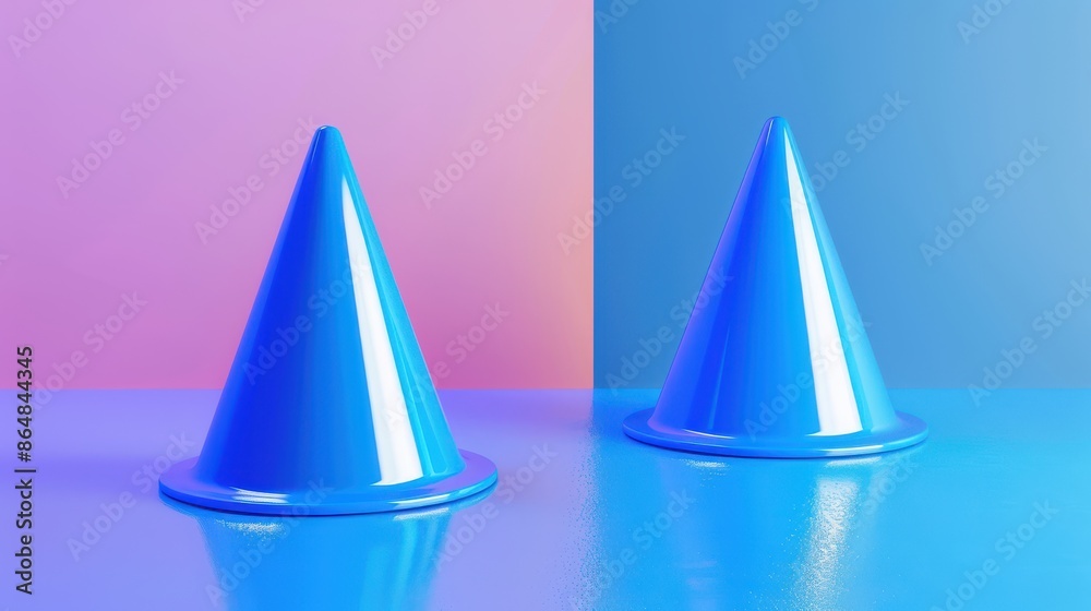 Pair of blue conical shapes on a light dual tone blue and pink surface, with reflective finishes. Suitable for use in modern graphic designs, branding, or abstract visual compositions. Pair of blue conical shapes on a light dual tone blue and pink surface, with reflective finishes. Suitable for use in modern graphic designs, branding, or abstract visual compositions.