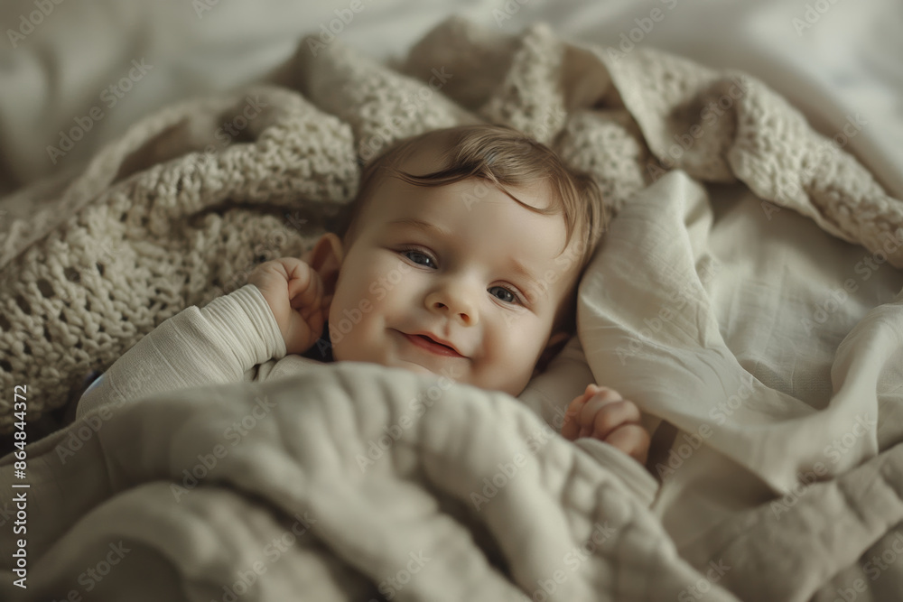 Adorable Baby Smiling Under Cozy Blanket, Infant in Warm Bedding Adorable Baby Smiling Under Cozy Blanket, Infant in Warm Bedding