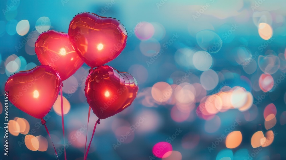 Heart-shaped balloons float against a dreamy cityscape backdrop, perfect for romantic evenings. Generative AI Heart-shaped balloons float against a dreamy cityscape backdrop, perfect for romantic evenings. Generative AI