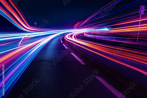 Night Road with Long Exposure Light Trails Showing Dynamic Movement and Vibrant Colors