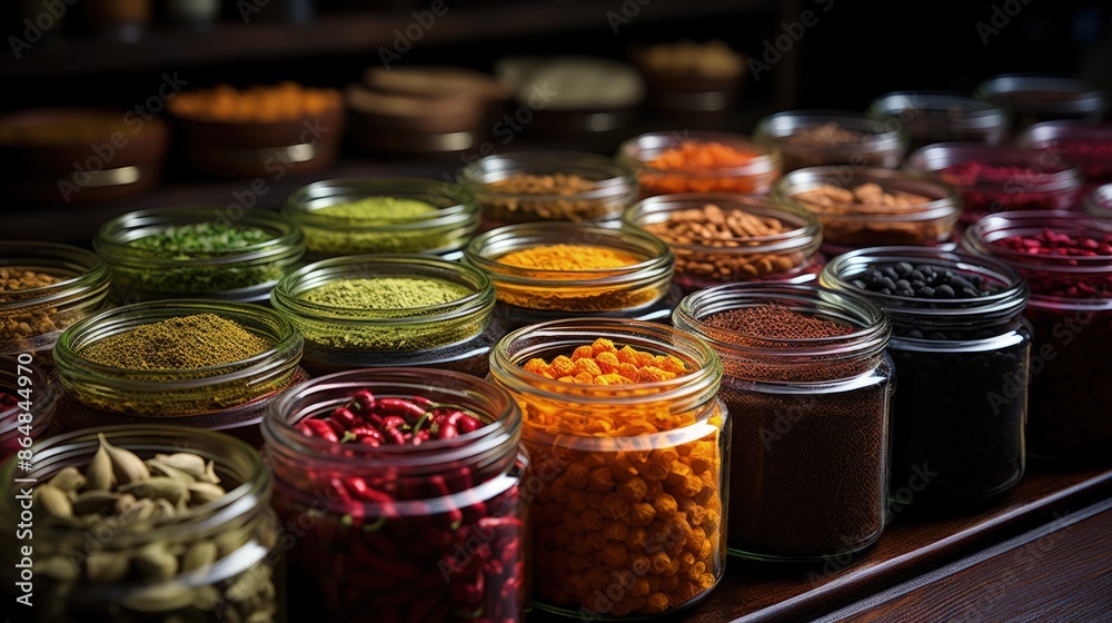 A Vibrant Display of Spices in a Traditional Market Stall A Vibrant Display of Spices in a Traditional Market Stall