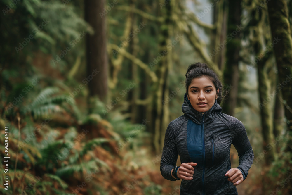 Young Woman Running in Lush Forest
