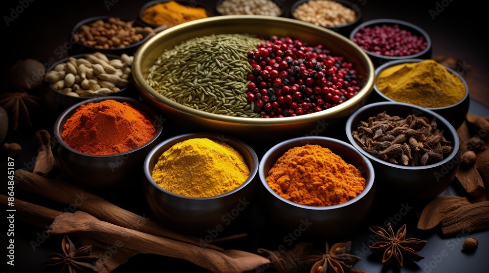 A Vibrant Display of Spices in a Traditional Market Stall A Vibrant Display of Spices in a Traditional Market Stall