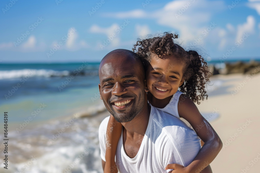 Family bonding, happiness, parenthood father's love time spending and vacation concept. Smiling father piggyback carrying his joyful daughter on his back at the ocean beach. Family bonding, happiness, parenthood father's love time spending and vacation concept. Smiling father piggyback carrying his joyful daughter on his back at the ocean beach.