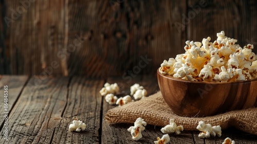 A bowl of freshly popped salted popcorn sits on a rustic wooden table with copy space on the right