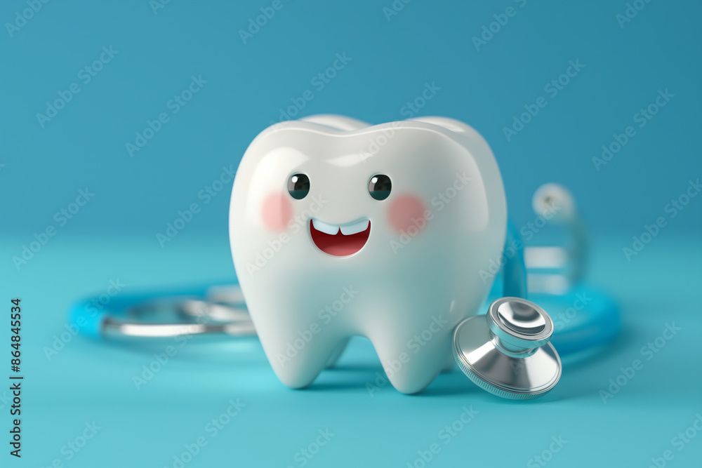 Happy Tooth with Stethoscope Promoting Dental Health on Blue Background Happy Tooth with Stethoscope Promoting Dental Health on Blue Background