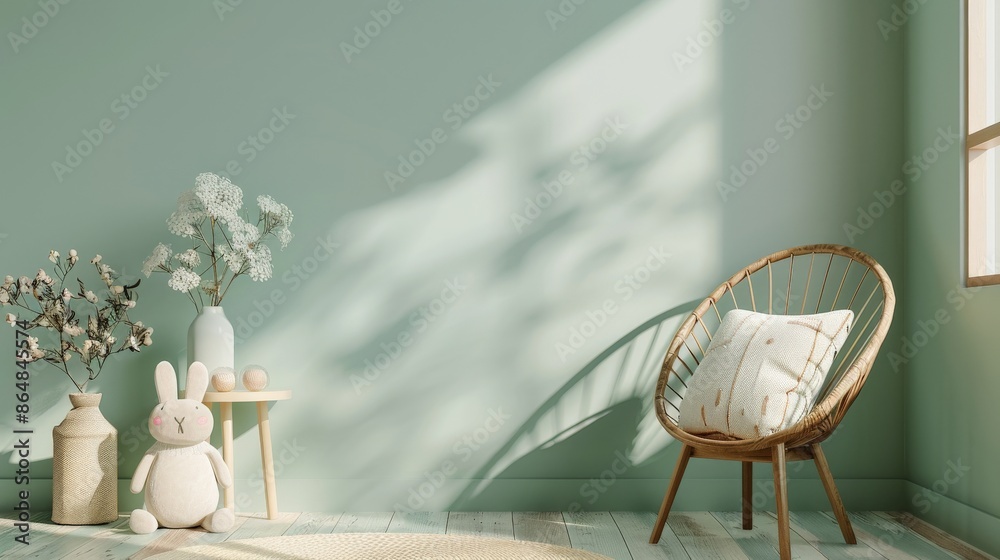 Scandinavian Boho Inspired Kids Room with Plush Bunny Decor, Sage Green Wall Mockup Scandinavian Boho Inspired Kids Room with Plush Bunny Decor, Sage Green Wall Mockup