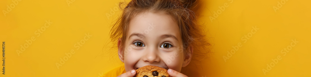 Adorable Child Eating Chocolate Chip Cookie Against Vibrant Yellow Background Adorable Child Eating Chocolate Chip Cookie Against Vibrant Yellow Background