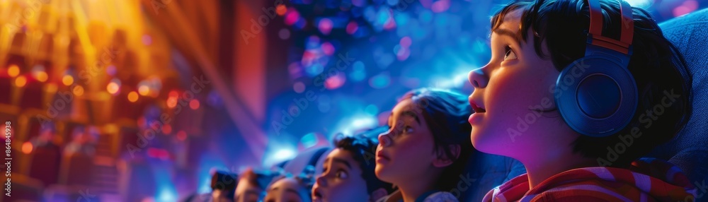 Children viewing a high-definition 4K ultra-high resolution video with crystal-clear sharpness Children viewing a high-definition 4K ultra-high resolution video with crystal-clear sharpness