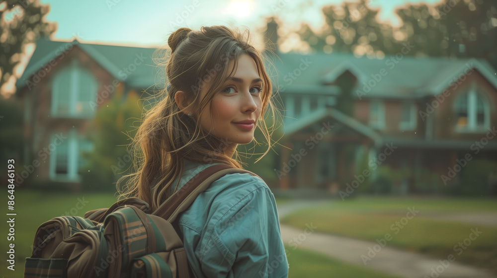 Cinematic shot from the side of a teacher with a tote bag filled with books and supplies, walking to a school building Cinematic shot from the side of a teacher with a tote bag filled with books and supplies, walking to a school building