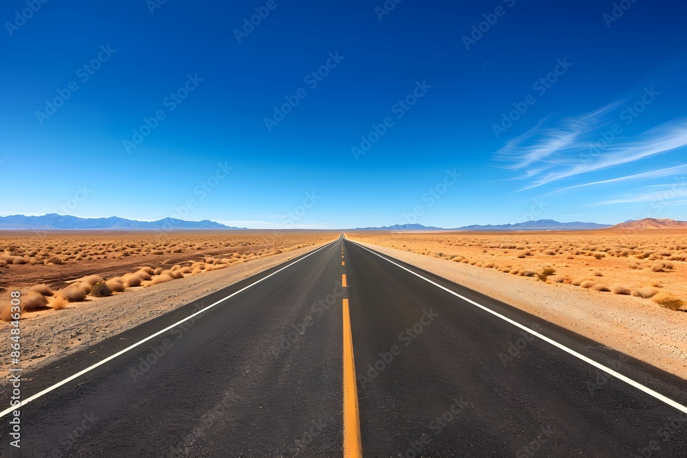 Fototapeta premium Long empty highway stretching through a vast desert landscape with clear blue skies.