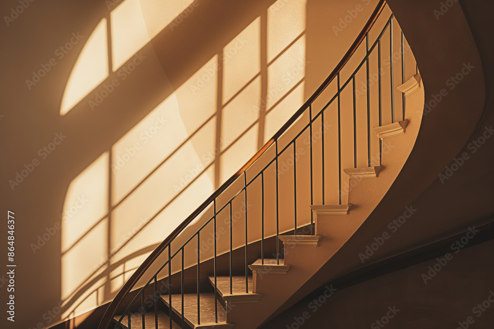Fototapeta premium Elegant Curved Staircase with Sunlit Shadows Modern Architecture and Interior Design