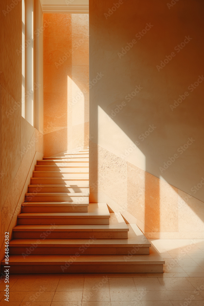Obraz premium Sunlit Interior Staircase with Modern Architecture and Warm Toned Walls