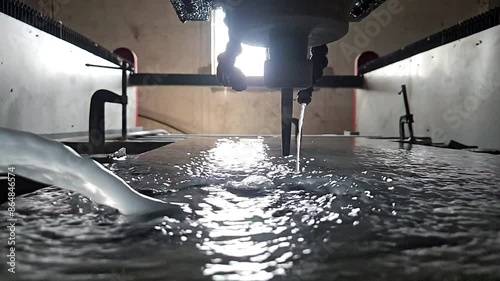 Diamond engraving on Stone Block , Art, Slow motion. Diamond Engraver Machine Working Process. Water jets fly in different directions. Close Up Shot photo