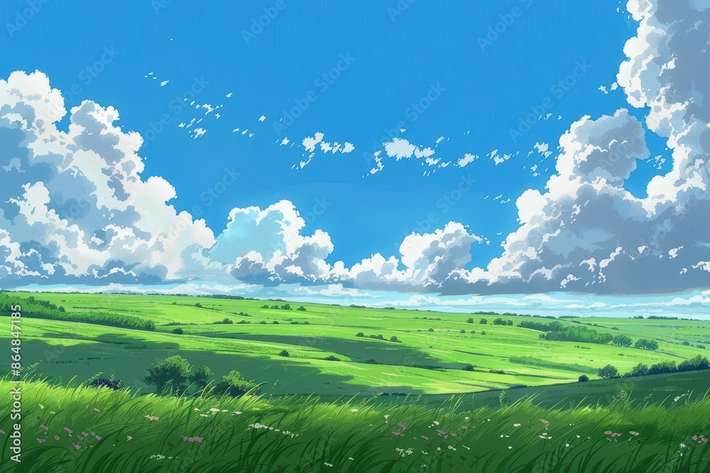Obraz premium Wide shot of a green grass field with white fluffy clouds in a bright blue sky. Peaceful, idyllic, tranquil scenery with grass and wildflowers.