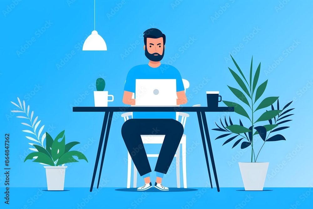 Fototapeta premium Focused man working on his laptop at a desk surrounded by plants in a modern, minimalist workspace.