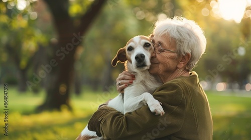 A senior woman lovingly embraces her dog in a green park setting on a sunny day. The image provides copy space on the right side © Ilia Nesolenyi