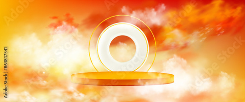 Orange sky cloud 3d product display podium scene. Abstract dreamy stage render mockup for presentation with circle arch illustration. Realistic sunset cloudy design for showcase banner with pedestal