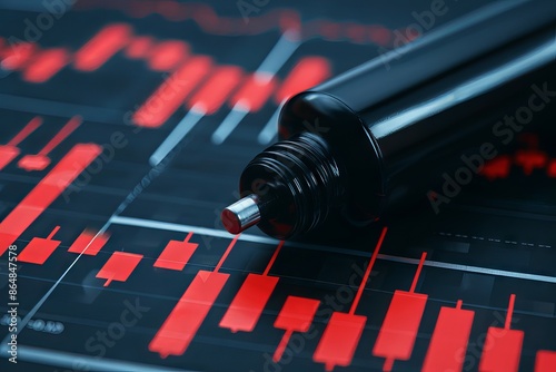 Close-up of a black pen and red financial chart on a dark background, representing stock market analysis and trading concepts. photo