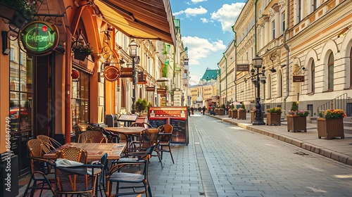 Street with tables of cafe in center of Moscow in Russia Cozy cityscape in Moscow Architecture and landmarks of Moscow : Generative AI photo