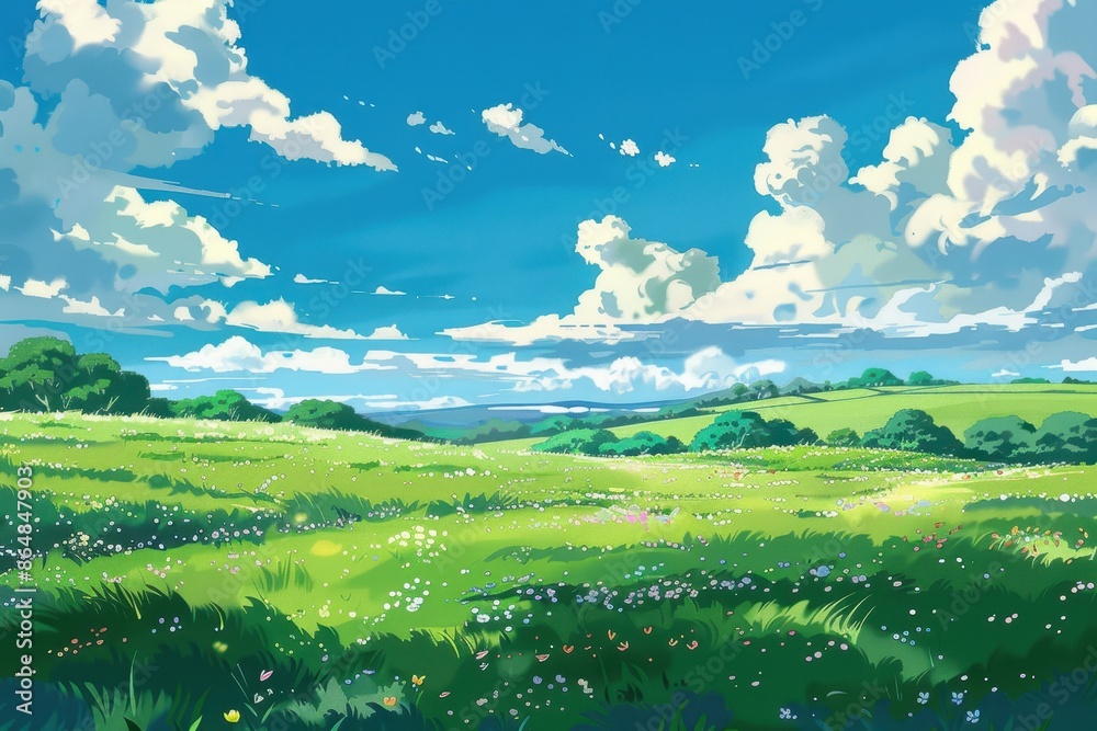 Fototapeta premium Vibrant Green Meadow with Lush Grass and Blue Sky with Fluffy Clouds, Nature Landscape Illustration