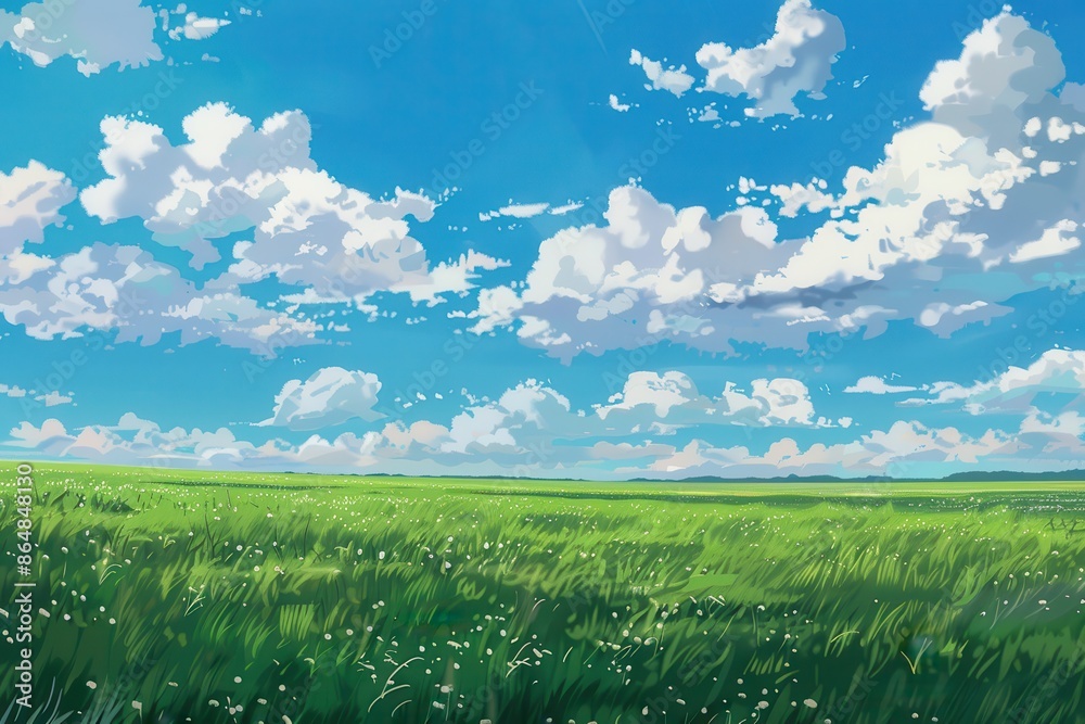 Fototapeta premium Expansive green field with white clouds and blue sky in an idyllic summer landscape.