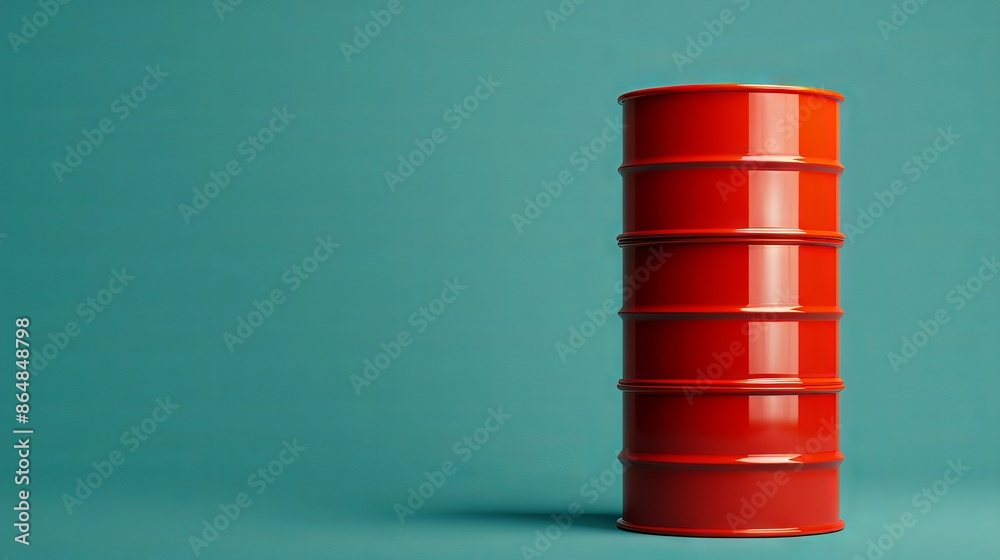 Red metal barrel against turquoise background, minimalistic industrial design with vibrant colors, perfect for storage and transport concept. Red metal barrel against turquoise background, minimalistic industrial design with vibrant colors, perfect for storage and transport concept.