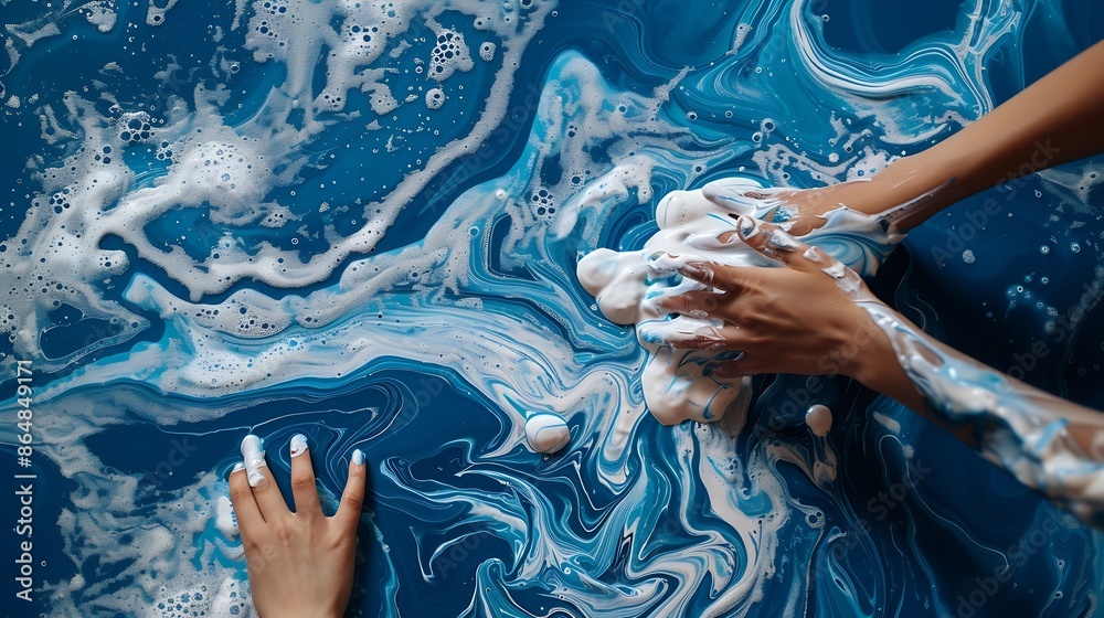 Fototapeta premium Artists hands pouring white paint on blue swirl acrylic pour art : Generative AI