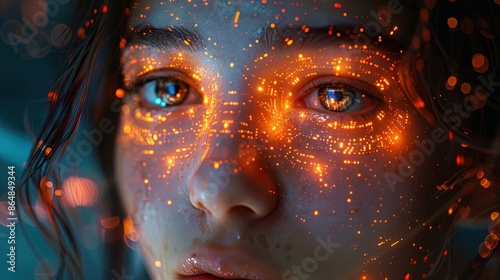 A woman's face is lit up with bright orange lights, creating a surreal