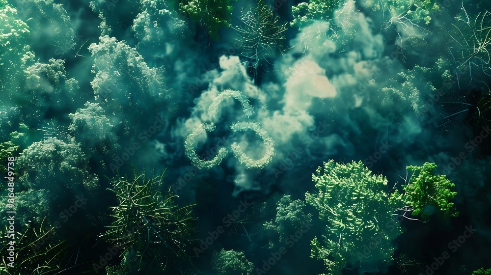 Concept depicting the issue of carbon dioxide emissions and its impact on nature in the form shape of a co2 symbol located in a lush forest Reduce CO2 emission concept : Generative AI