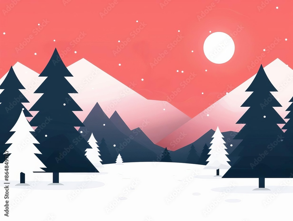 Obraz premium A serene winter landscape with snow-covered trees and mountains under a red sky, featuring a full moon and falling snow.