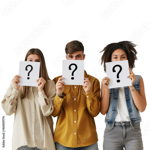 Three people holding white cards with question marks isolated on a transparent background