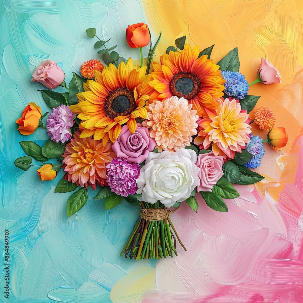 Fototapeta premium Floral bouquet with sunflowers and carnations, right side, colorful abstract background, vibrant and lively