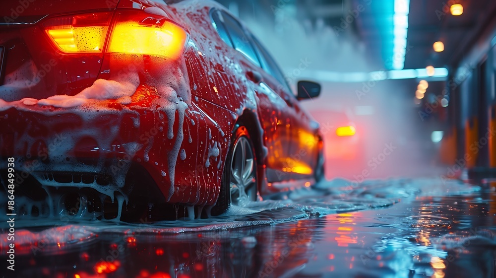 car undergoing a thorough cleaning, with foam soap being sprayed all ...